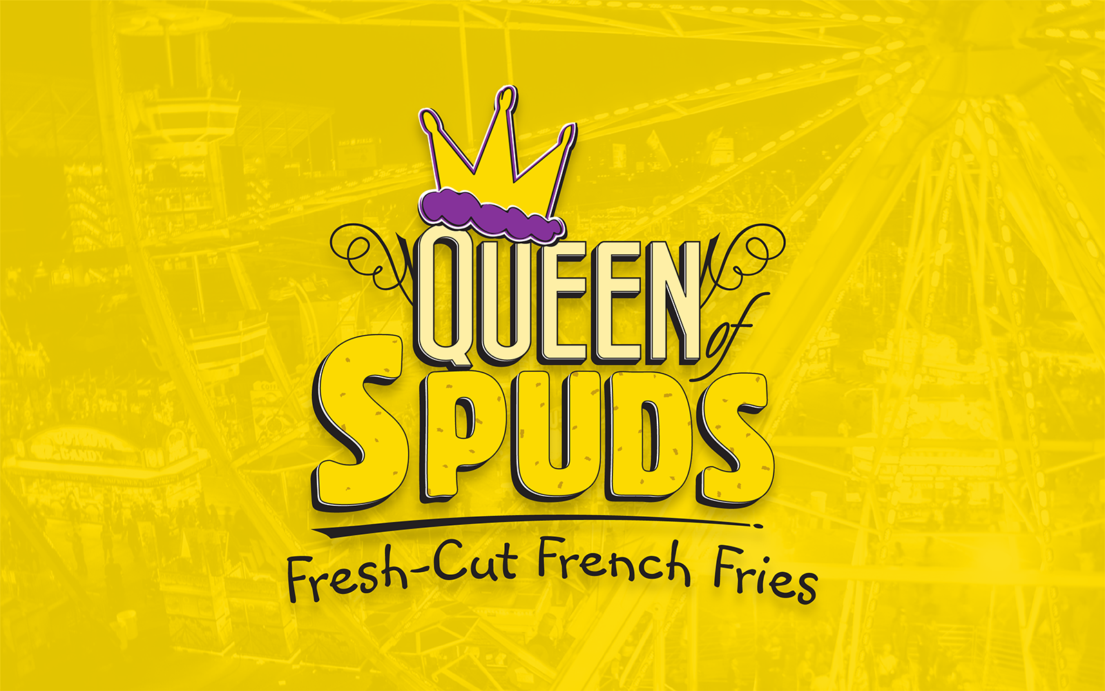 Ferris wheel with a yellow overlay and Queen of Spuds Fresh Cut French Fries logo overlaid