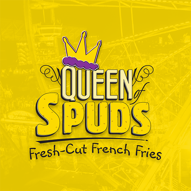 Ferris wheel with a yellow overlay and Queen of Spuds Fresh Cut French Fries logo overlaid