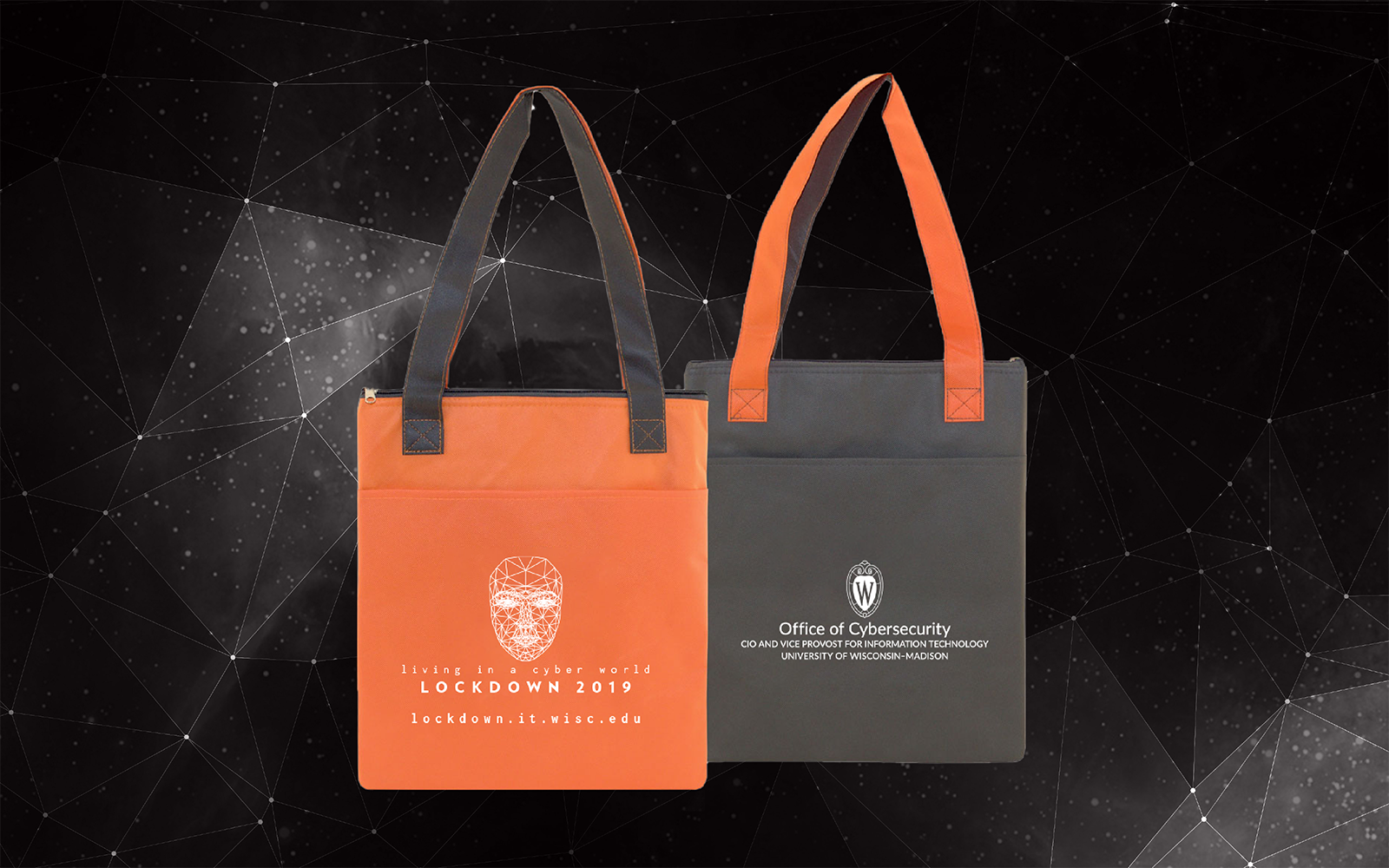 Lockdown logo on an orange and gray tote