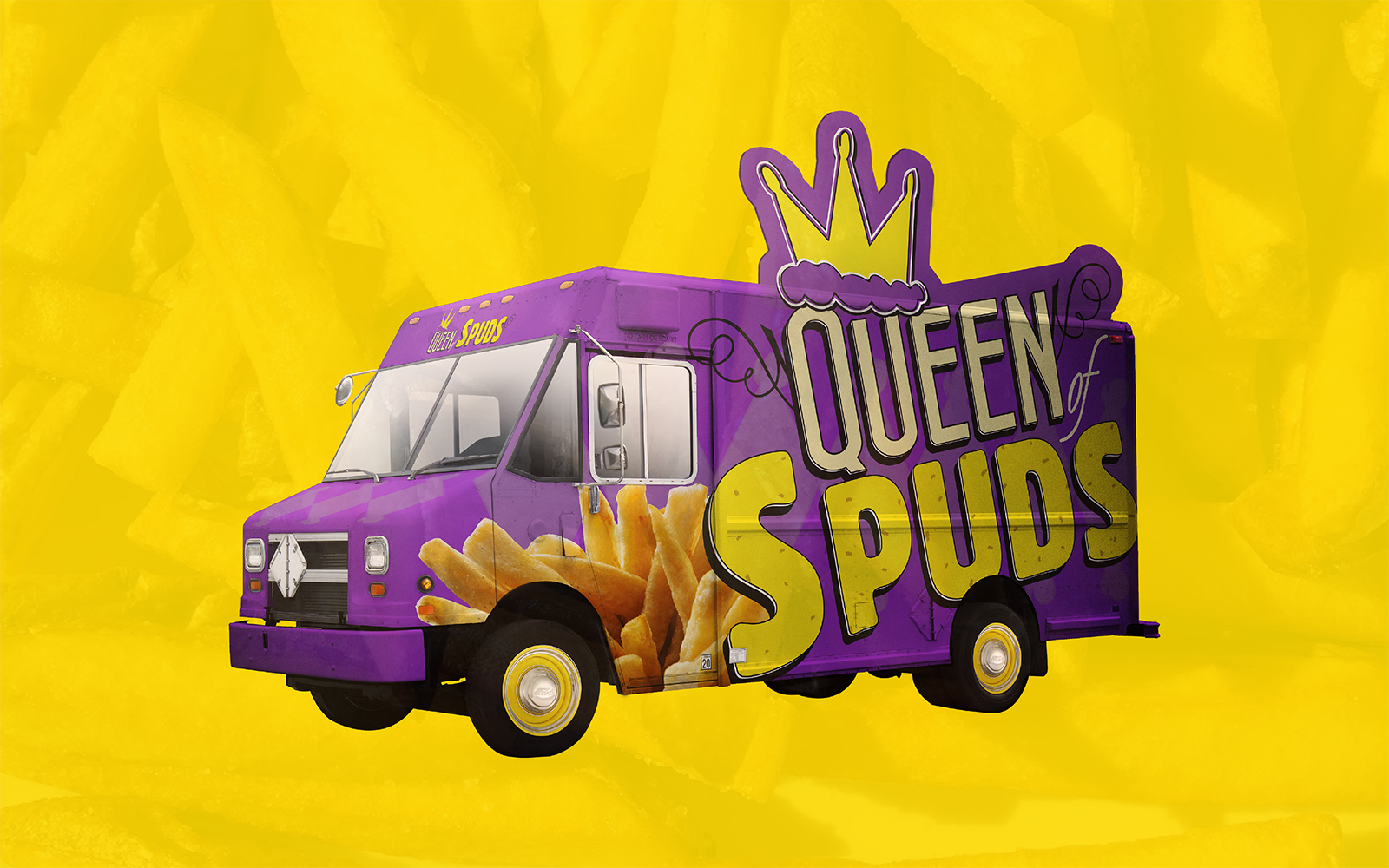 French fry background with the Queen of Spuds food truck.